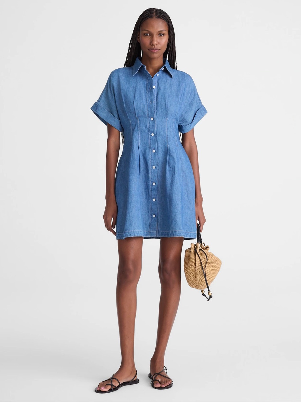 MADEWELL The Perry Denim Mini Shirtdress XS Seaside Blue Pintuck Preppy Coastal